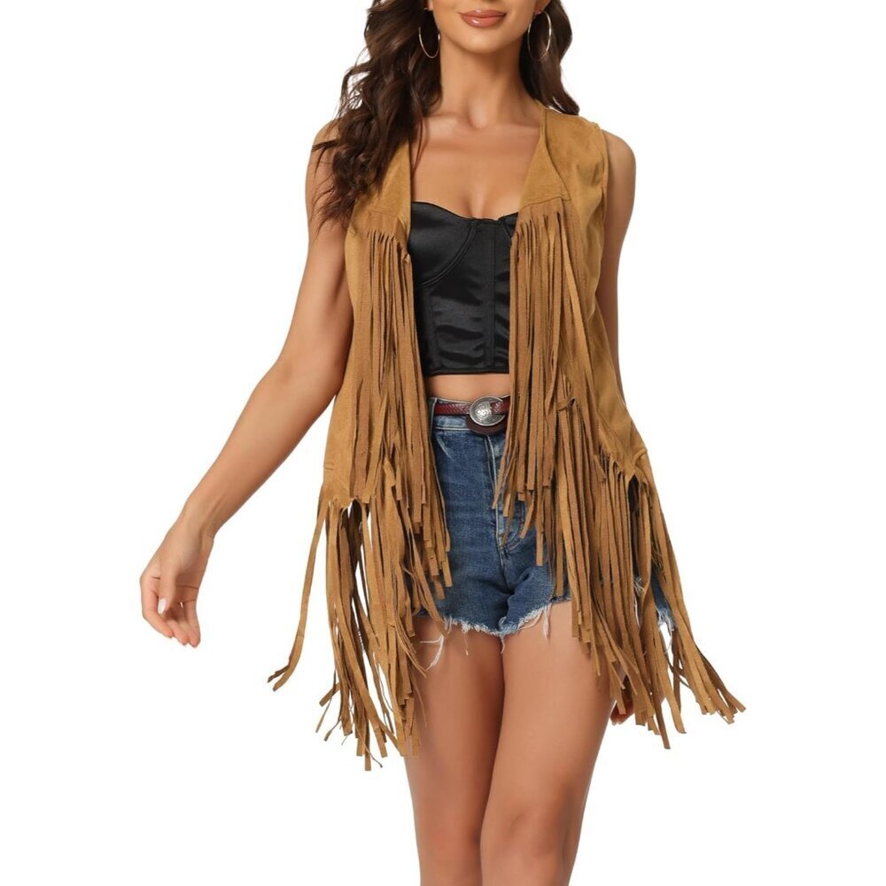 Women's Faux Suede Fringe Vest Open Front Western Cowgirl Style Large